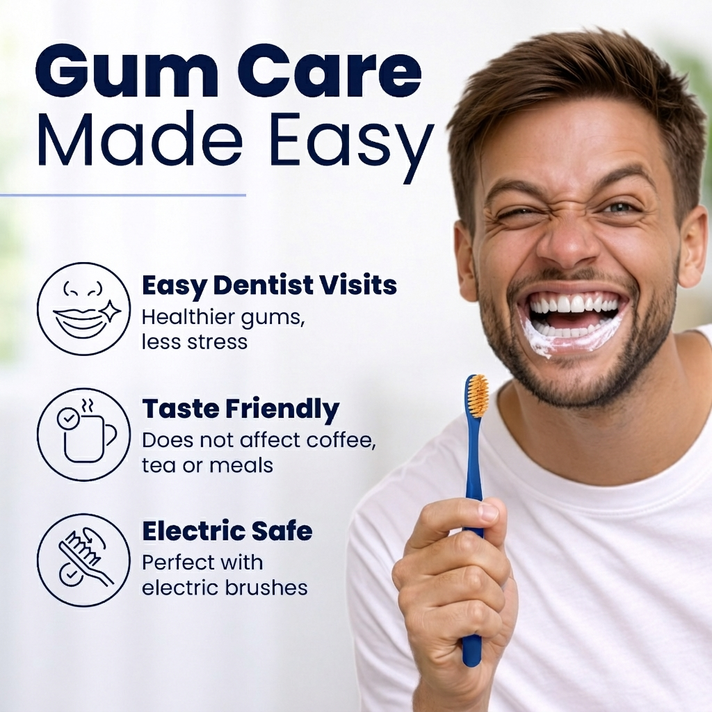 Man is brushing his teeth and smiling with toothpaste benefits mentioned