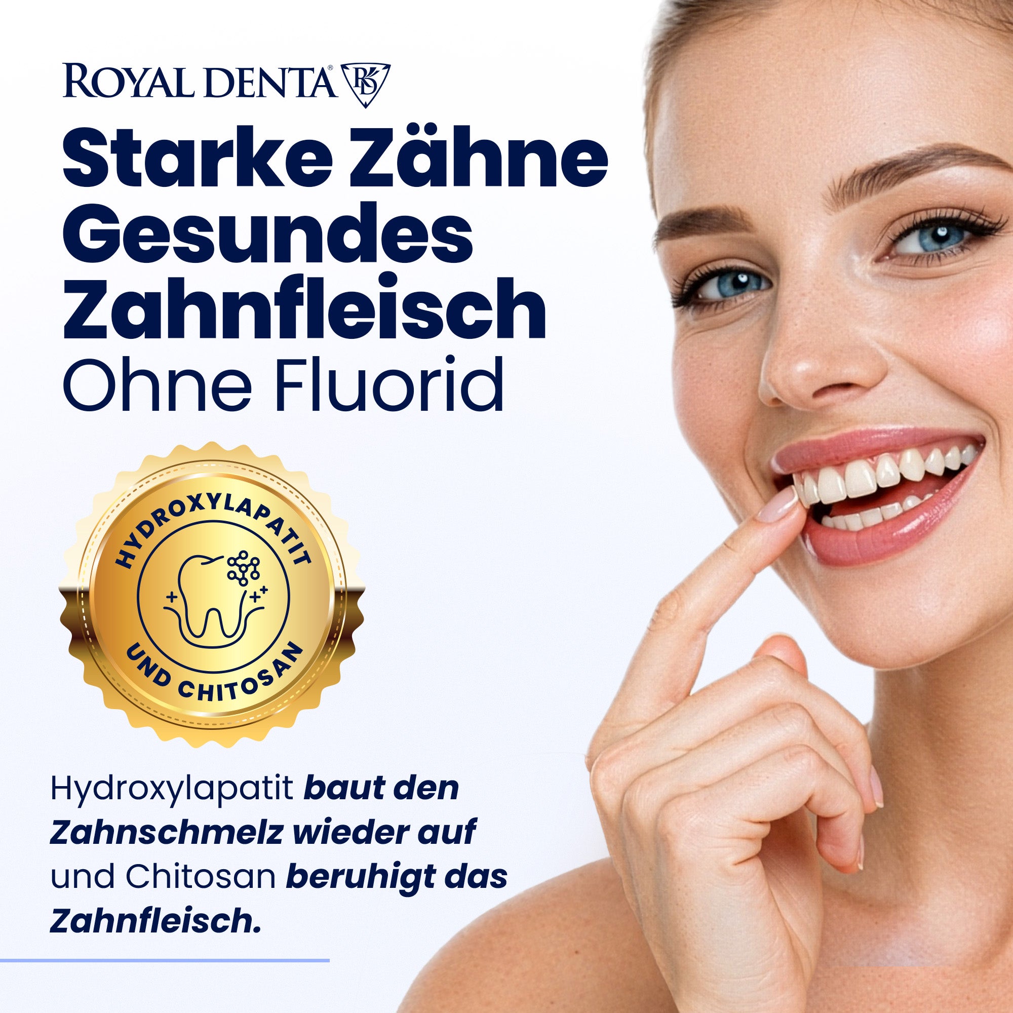 Advertisement for Royal Denta dental product with a woman showing her teeth and text about fluoride-free teeth and healthy gums.