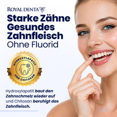Advertisement for Royal Denta dental product with a woman showing her teeth and text about fluoride-free teeth and healthy gums.
