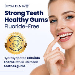 Woman smiling and touching her teeth, advertising Royal Denta fluoride-free toothpaste with hydroxyapatite and chitosan.