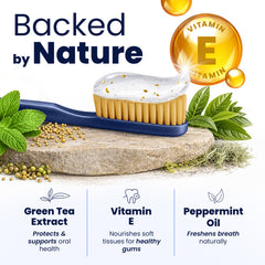 Toothbrush with toothpaste on a stone surface surrounded by mint leaves, herbs, and a vitamin E symbol, illustrating natural ingredients.