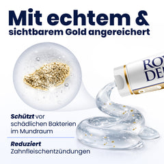 Tube of toothpaste with gold particle and text about dental health benefits on a white background