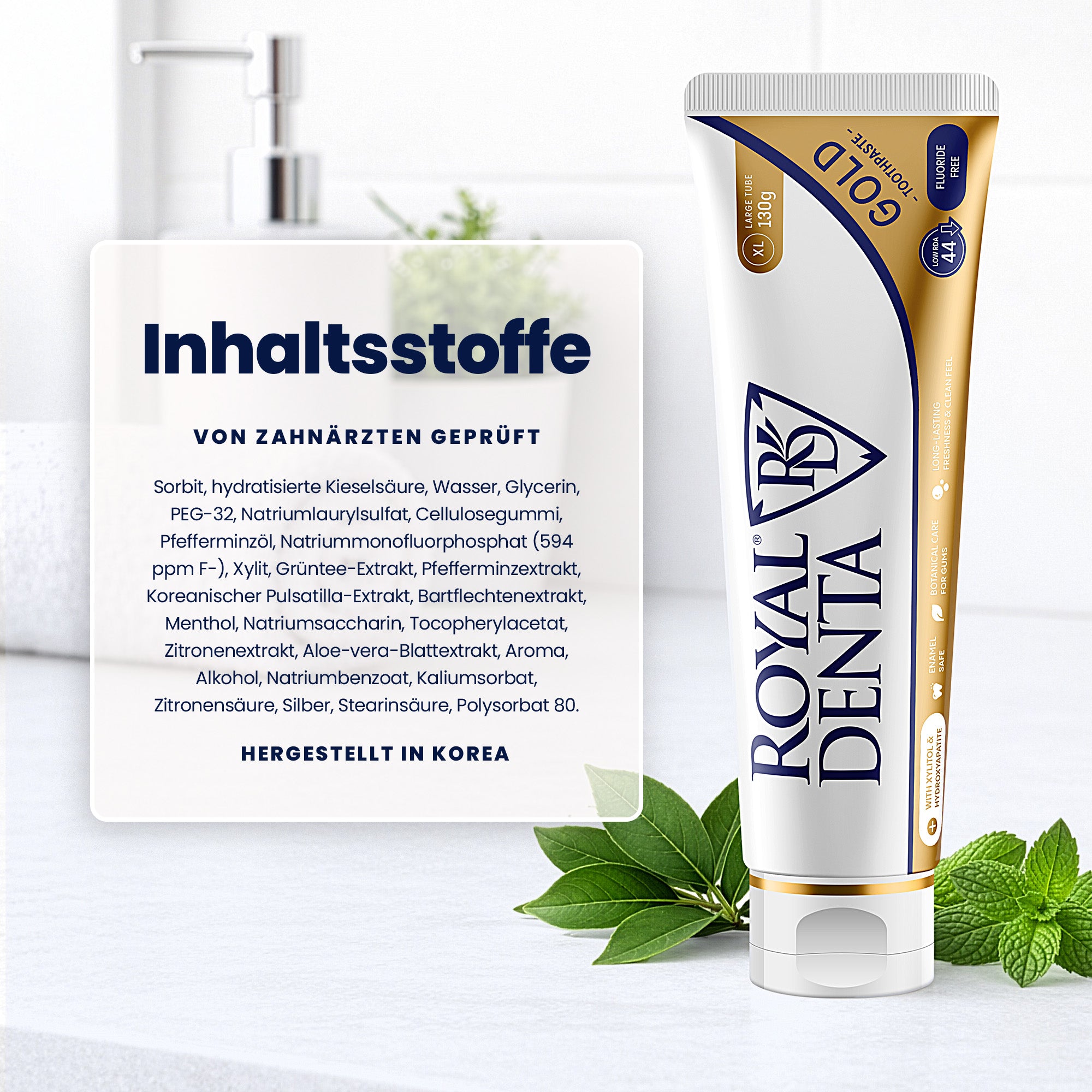 Royal Denta toothpaste tube with ingredients list on a white background