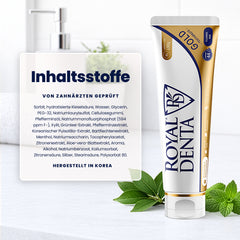 Royal Denta toothpaste tube with ingredients list on a white background