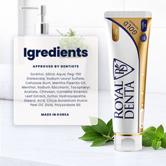 Royal Denta toothpaste tube with ingredient information displayed.
