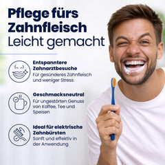 Man holding a blue toothbrush with text about dental care in German
