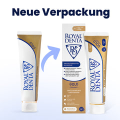 Two tubes and a box of Royal Denta Gold toothpaste on a white background with text 'Neue Verpackung'.