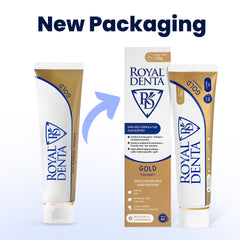 Royal Denta toothpaste tube and box showing the new packaging.