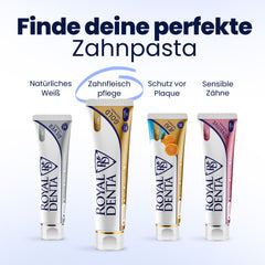 Four tubes of Royal Denta toothpaste with different flavors on a light blue background.