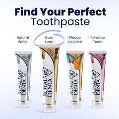 Three Royal Denta toothpaste tubes displayed to help choose the right toothpaste.