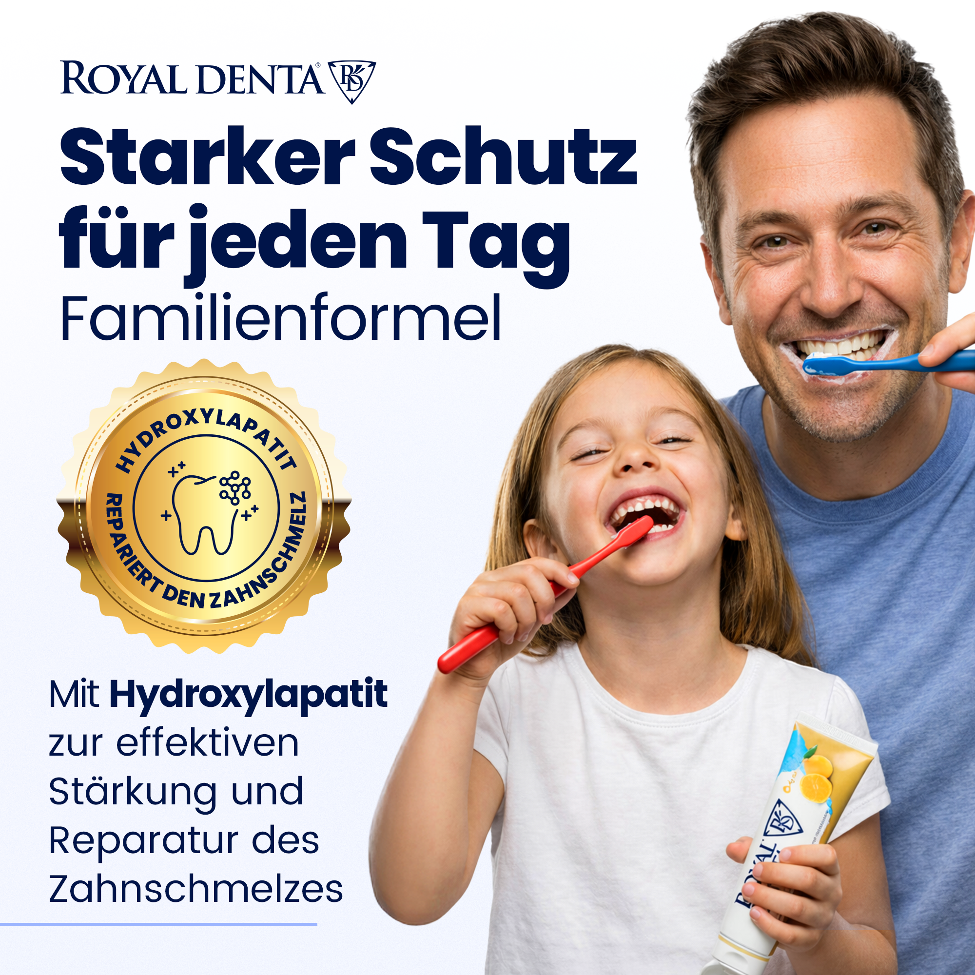 Benefits of Royal Denta whitening toothpaste with gold with a dad and daughter smiling and brushing their teeth