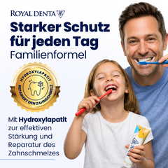 Benefits of Royal Denta whitening toothpaste with gold with a dad and daughter smiling and brushing their teeth