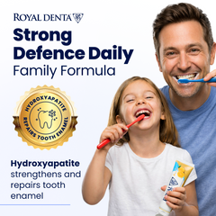 Benefits of Royal Denta whitening toothpaste with gold with a dad and daughter smiling and brushing their teeth