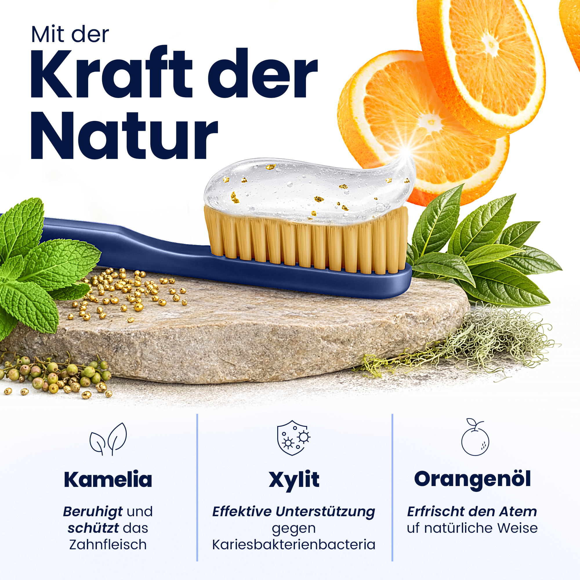 Dental brush with natural ingredients on a stone surface, surrounded by oranges and mint leaves, with text about natural power.