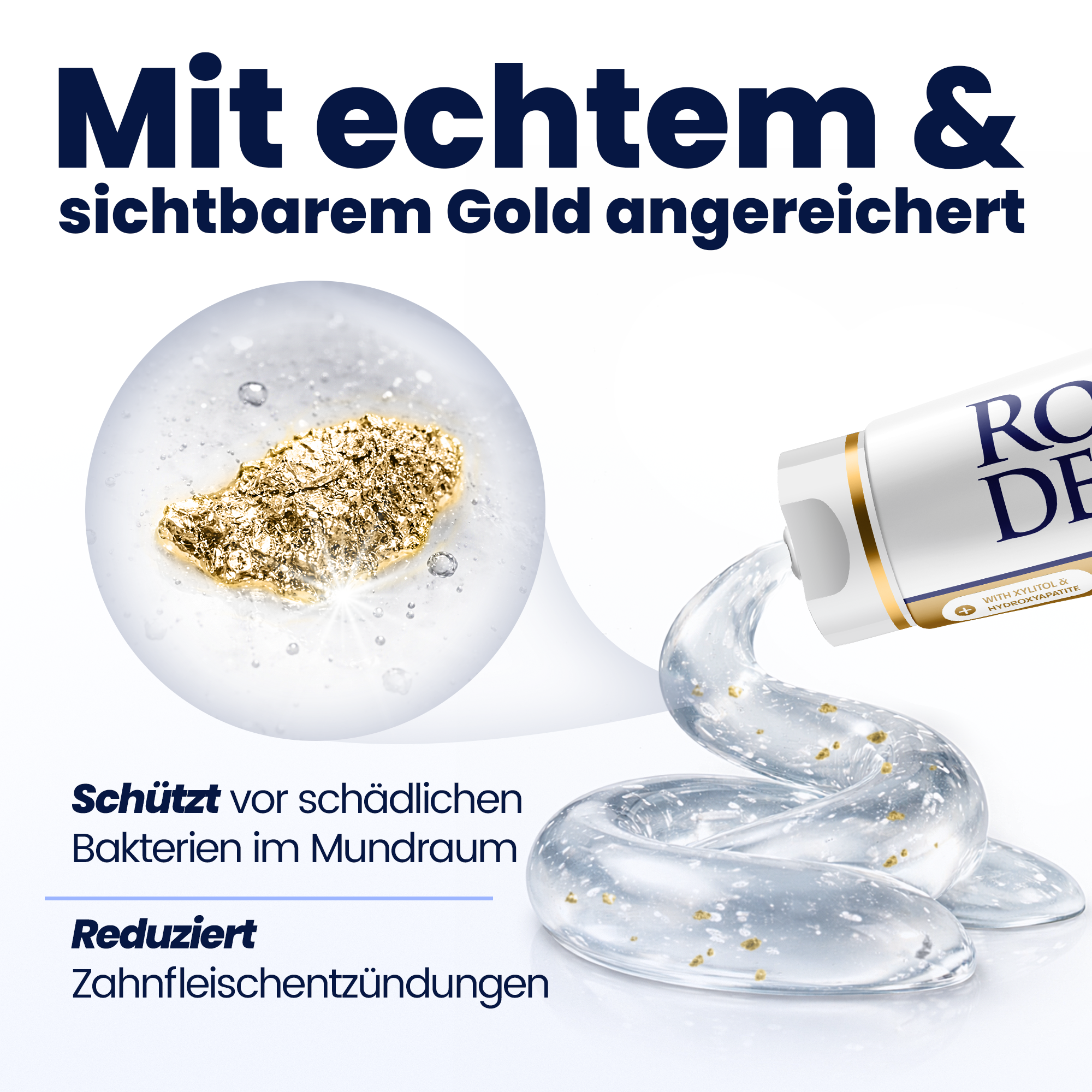 Cosmetic product with gold particles and text about dental health benefits on a white background