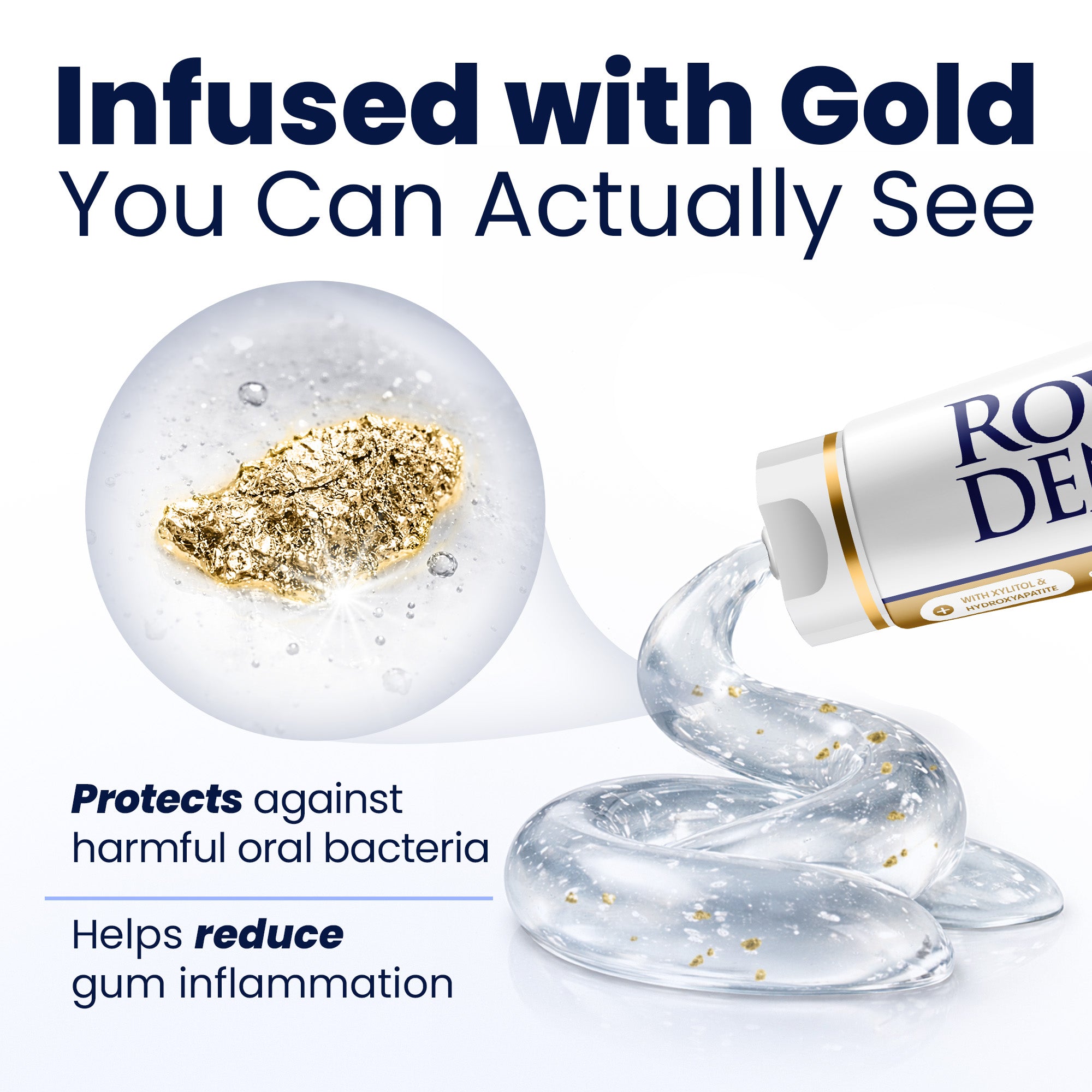 Close up picture of toothpaste consistency showing gold particles close up and that it protects against bacteria