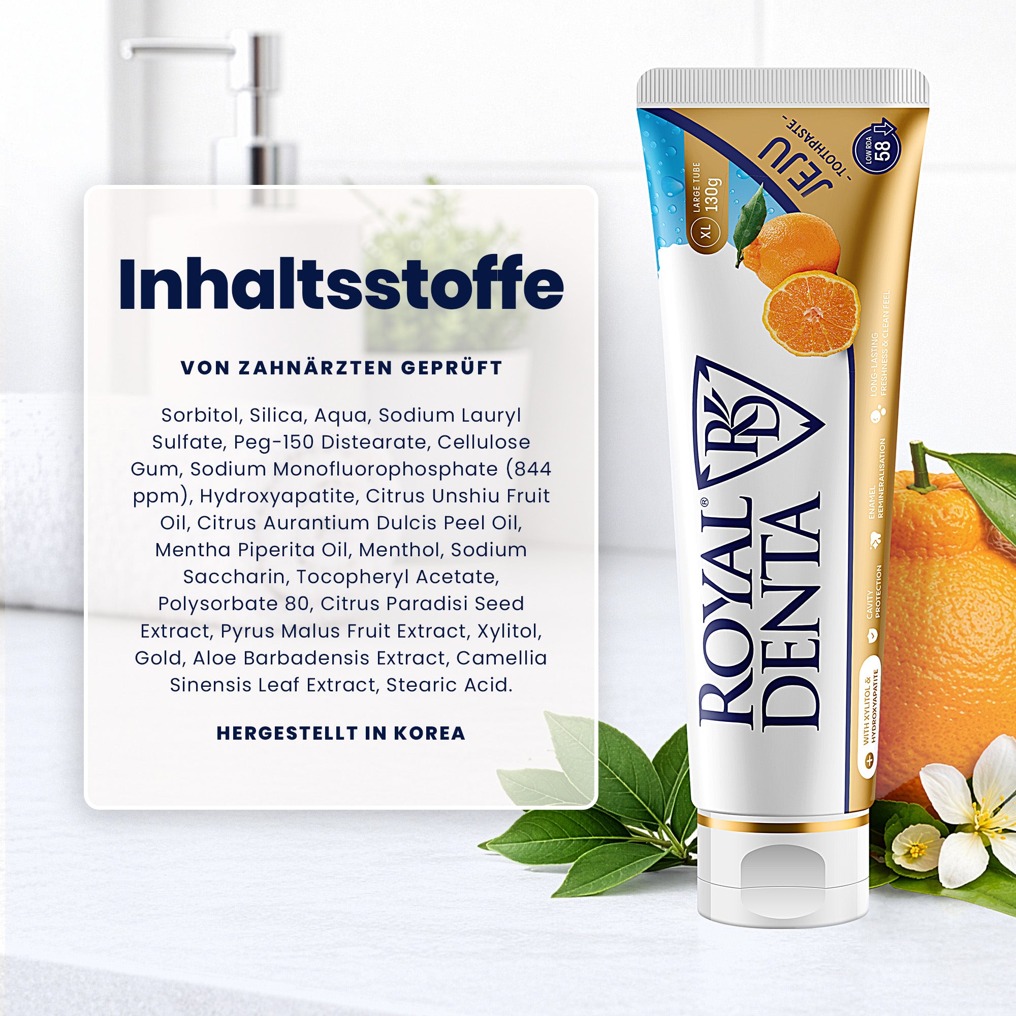 Royal Denta toothpaste tube with ingredients list on a white background