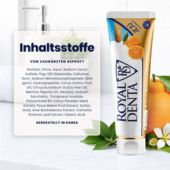 Royal Denta toothpaste tube with ingredients list on a white background