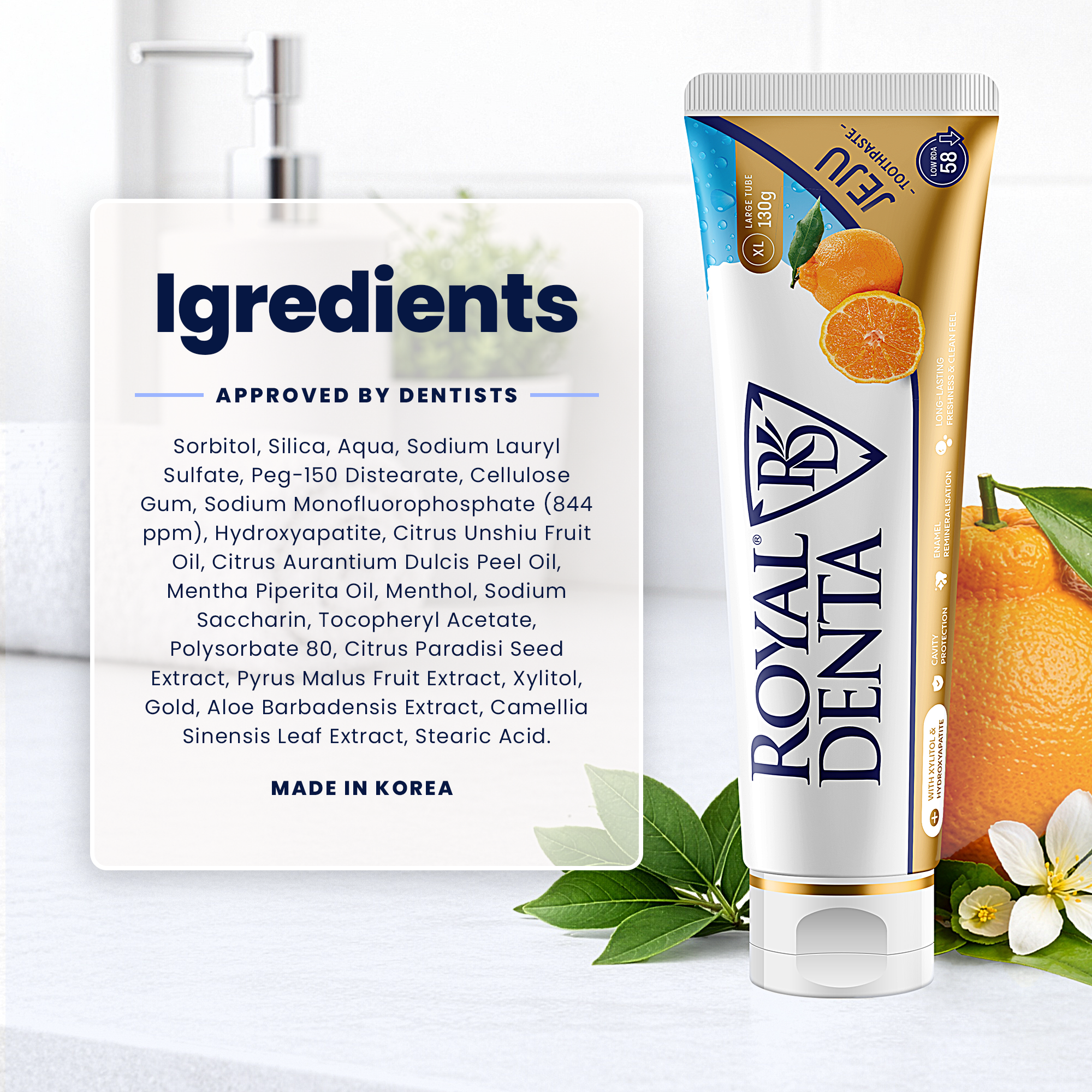 Royal Denta toothpaste tube with ingredients list on a white background and mint leaves