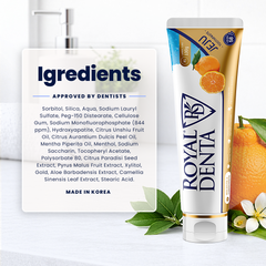 Royal Denta toothpaste tube with ingredients list on a white background and mint leaves