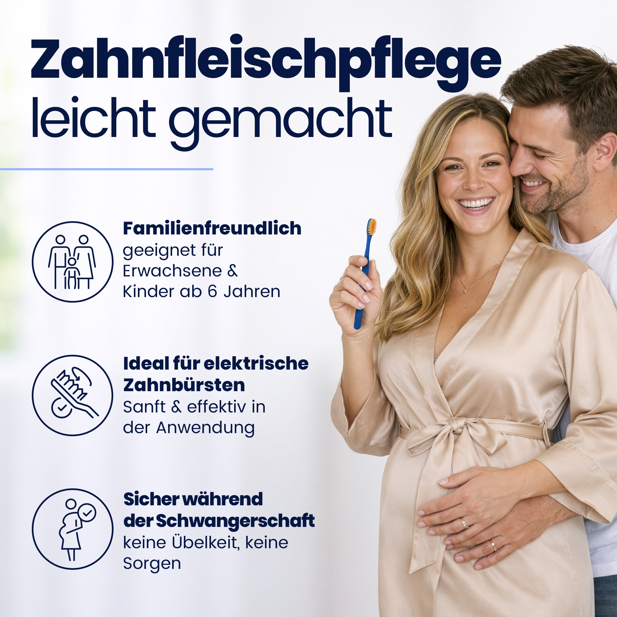 A man hugs a pregnant woman and text highlighting benefits on a white background.