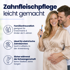 A man hugs a pregnant woman and text highlighting benefits on a white background.
