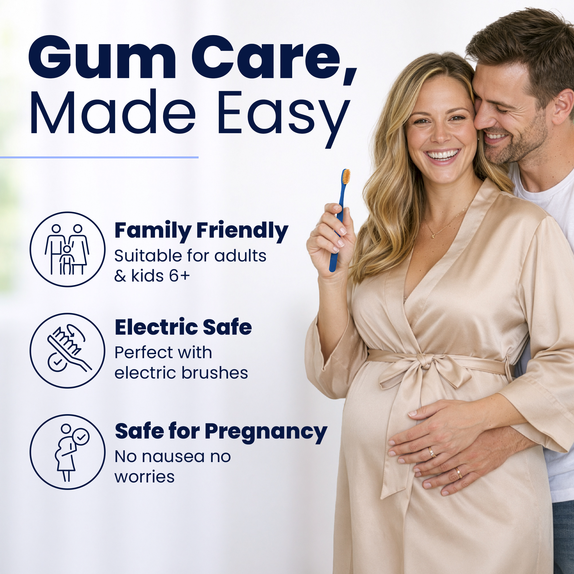 A man hugs a pregnant woman and text highlighting benefits on a white background.