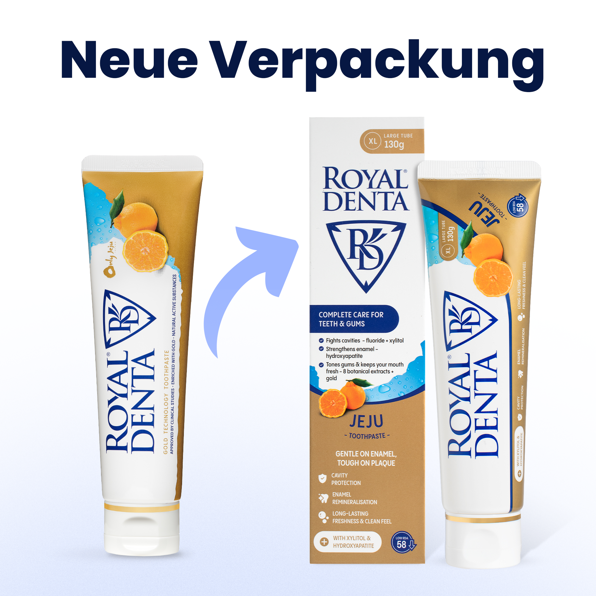 Two tubes and a box of Royal Denta Jeju toothpaste on a light blue background showing old and new packaging