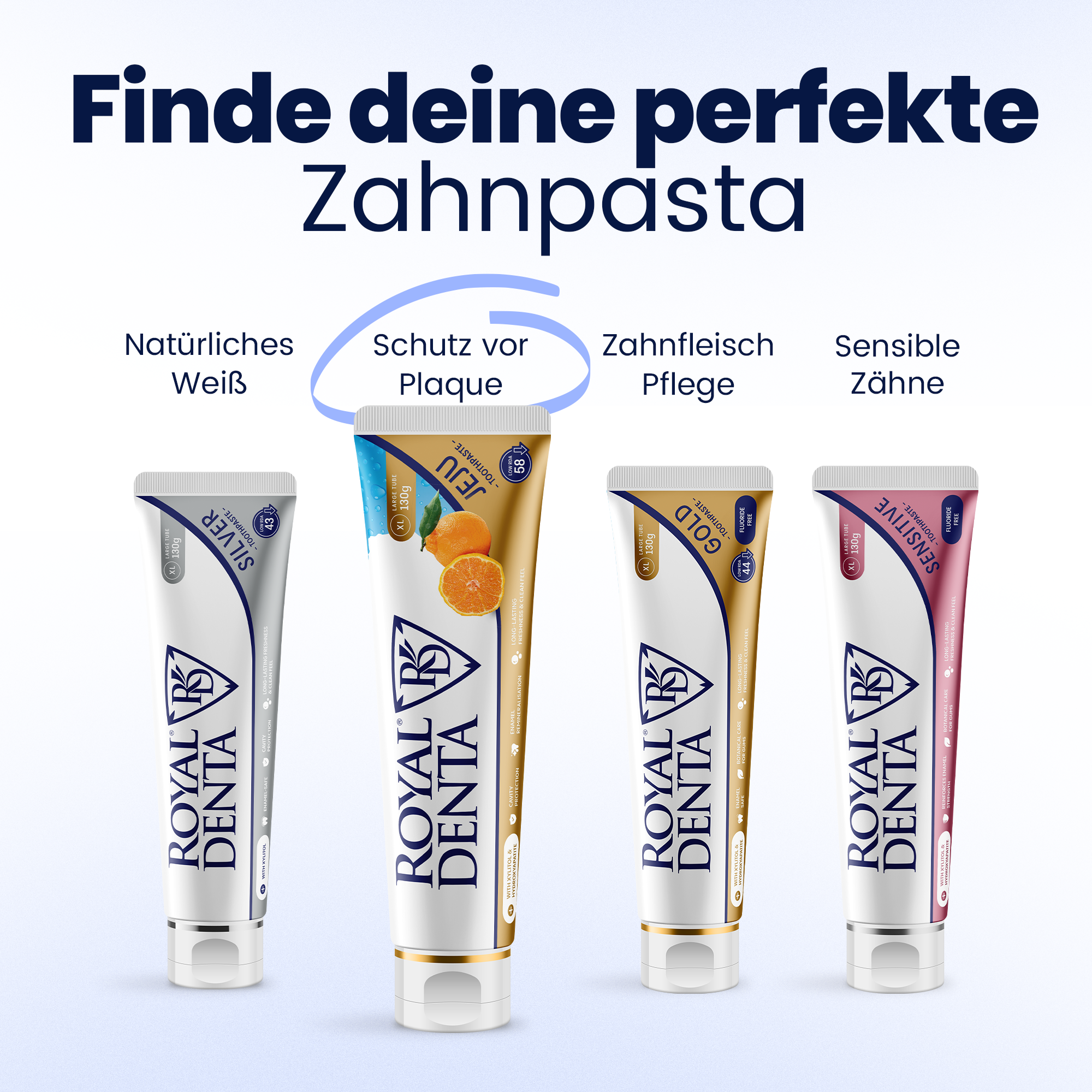 Four tubes of Royal Denta toothpaste with different flavors on a light blue background.