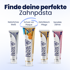 Four tubes of Royal Denta toothpaste with different flavors on a light blue background.