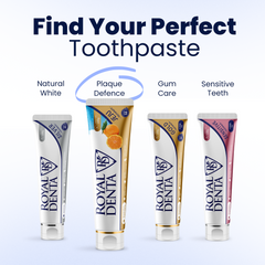 Four tubes of Royal Denta toothpaste with different coloured packaging on a light blue background.