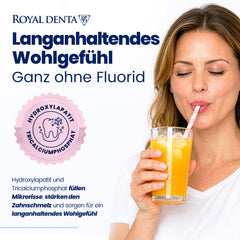 Woman drinking orange juice from a glass with 'Royal Denta' branding and product information.