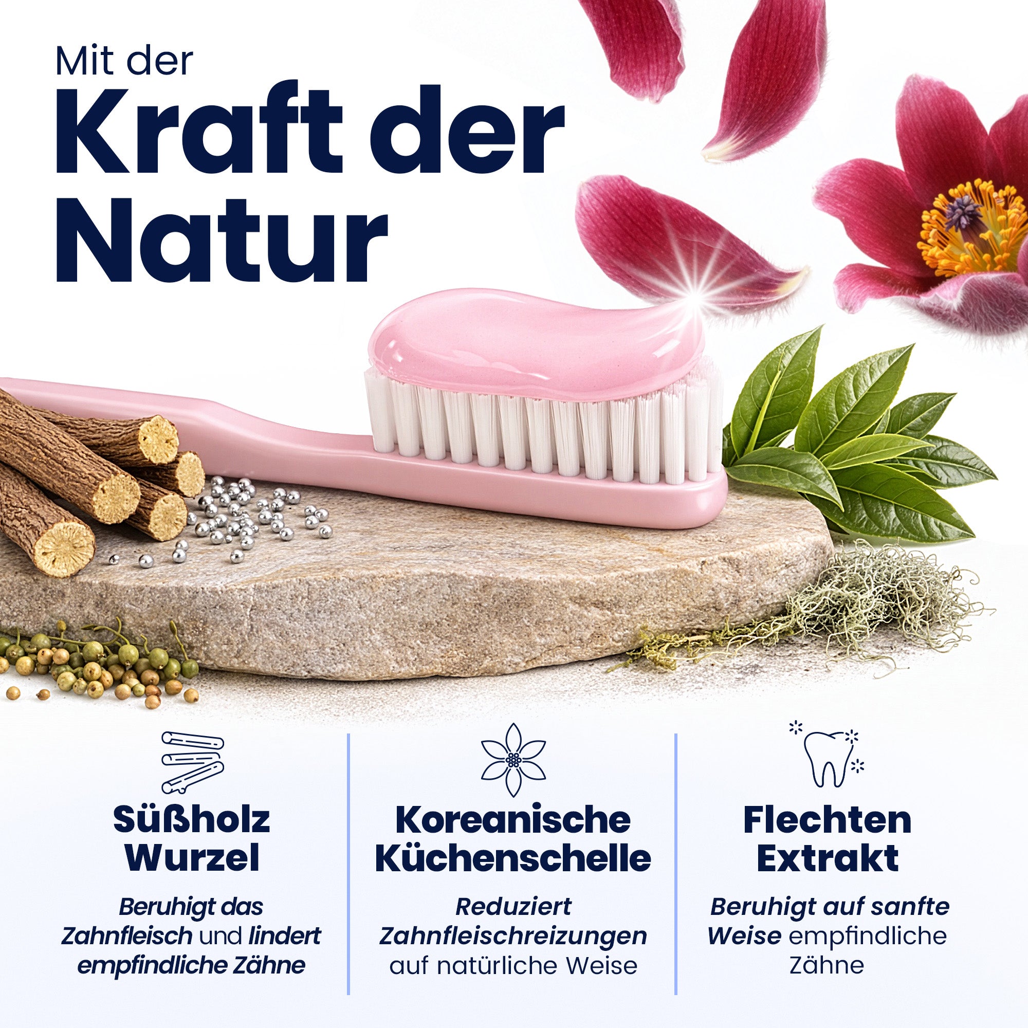 Pink toothbrush with natural ingredients on a stone surface, surrounded by flowers and leaves, with text about natural power.