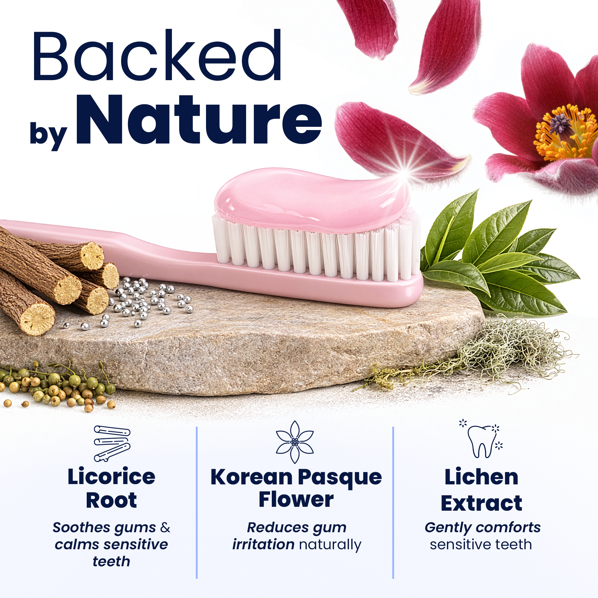 Royal Denta toothbrush with sensitive teeth toothpaste explaining features of the product and natural ingredients.