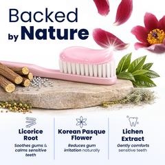 Royal Denta toothbrush with sensitive teeth toothpaste explaining features of the product and natural ingredients.