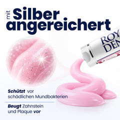 Product with pink toothpaste and visible silver particles and text about reducing harmful bacteria and preventing tartar and plaque buildup