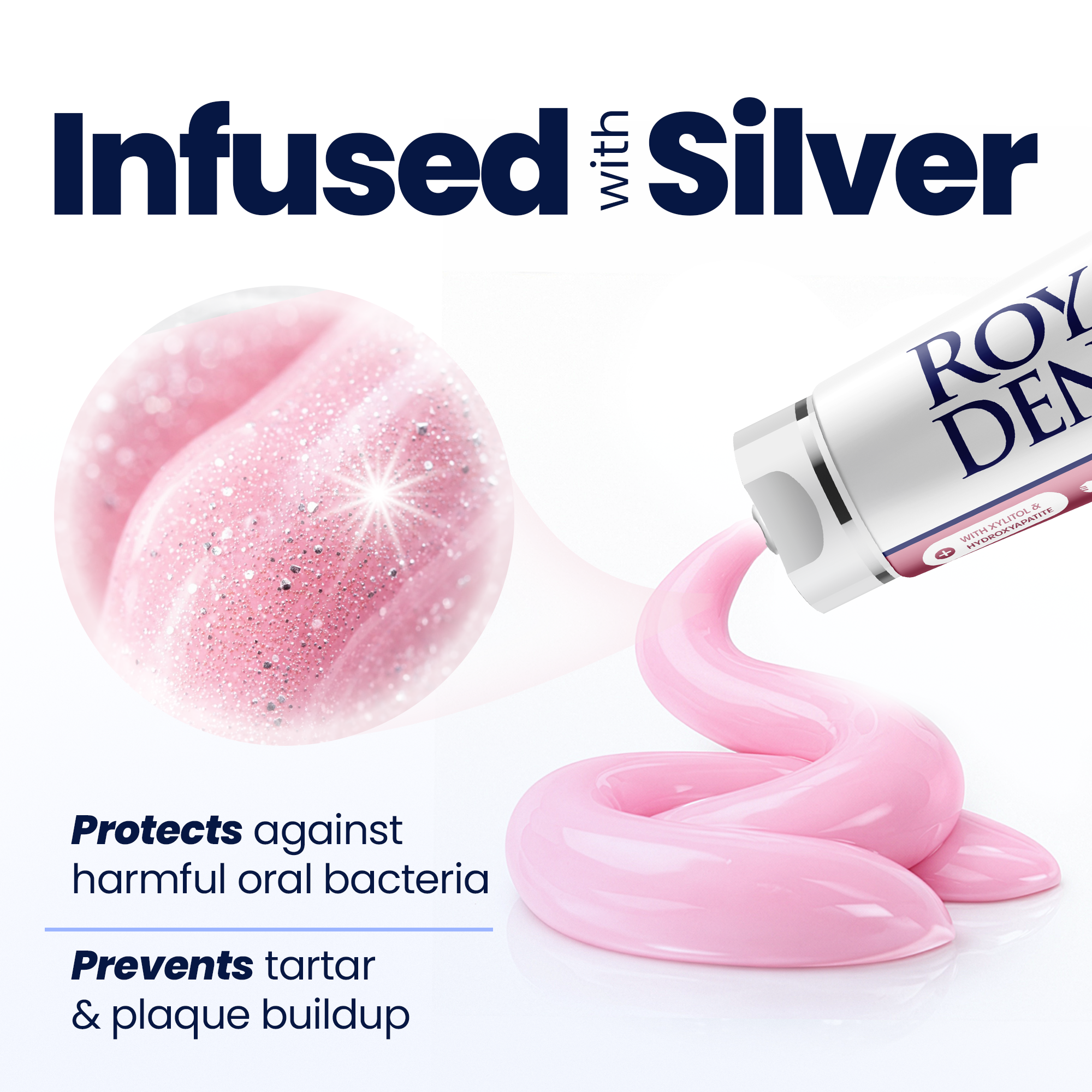 Product with pink toothpaste and visible silver particles and text about reducing harmful bacteria and preventing tartar and plaque buildup