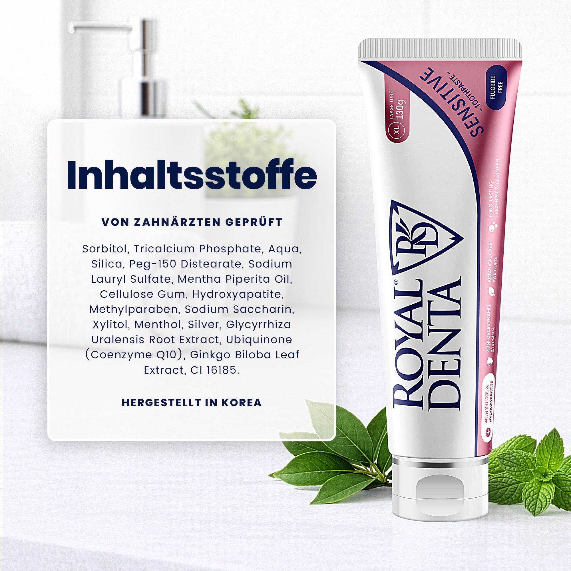 Tube of Royal Denta toothpaste with ingredient list on a white background