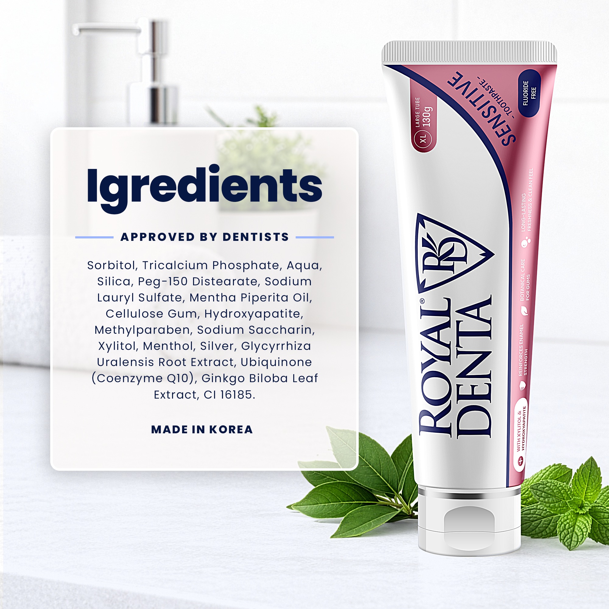 Royal Denta toothpaste tube with ingredients list on a white background and mint leaves