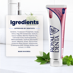 Royal Denta toothpaste tube with ingredients list on a white background and mint leaves