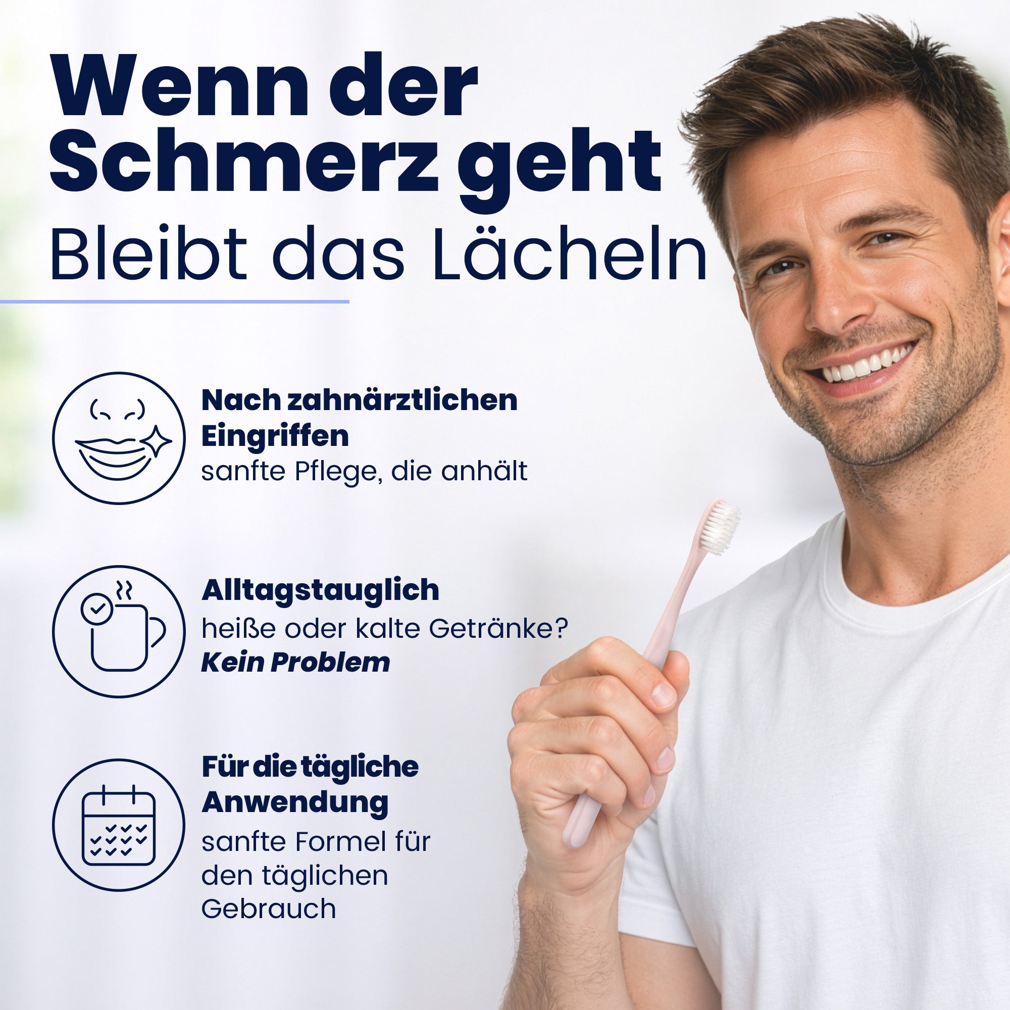Man using a manual toothbrush with text highlighting benefits on a white background.