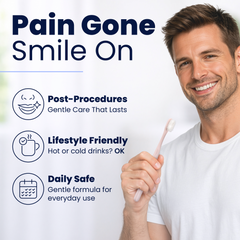 Man using a manual toothbrush with text highlighting benefits on a white background.