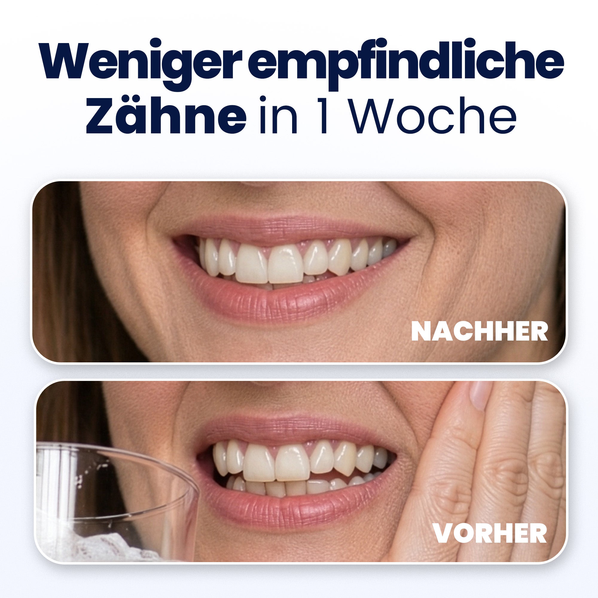 Before and after comparison of teeth whitening with German text indicating results in one week.