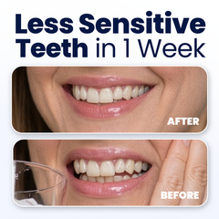 Before and after case of using sensitive teeth toothpaste a lady is holding on her check in pain