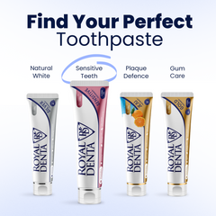 Four tubes of Royal Denta toothpaste with different coloured packaging on a light blue background.