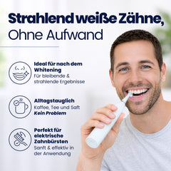 Man using a toothbrush with text about dental care on a white background