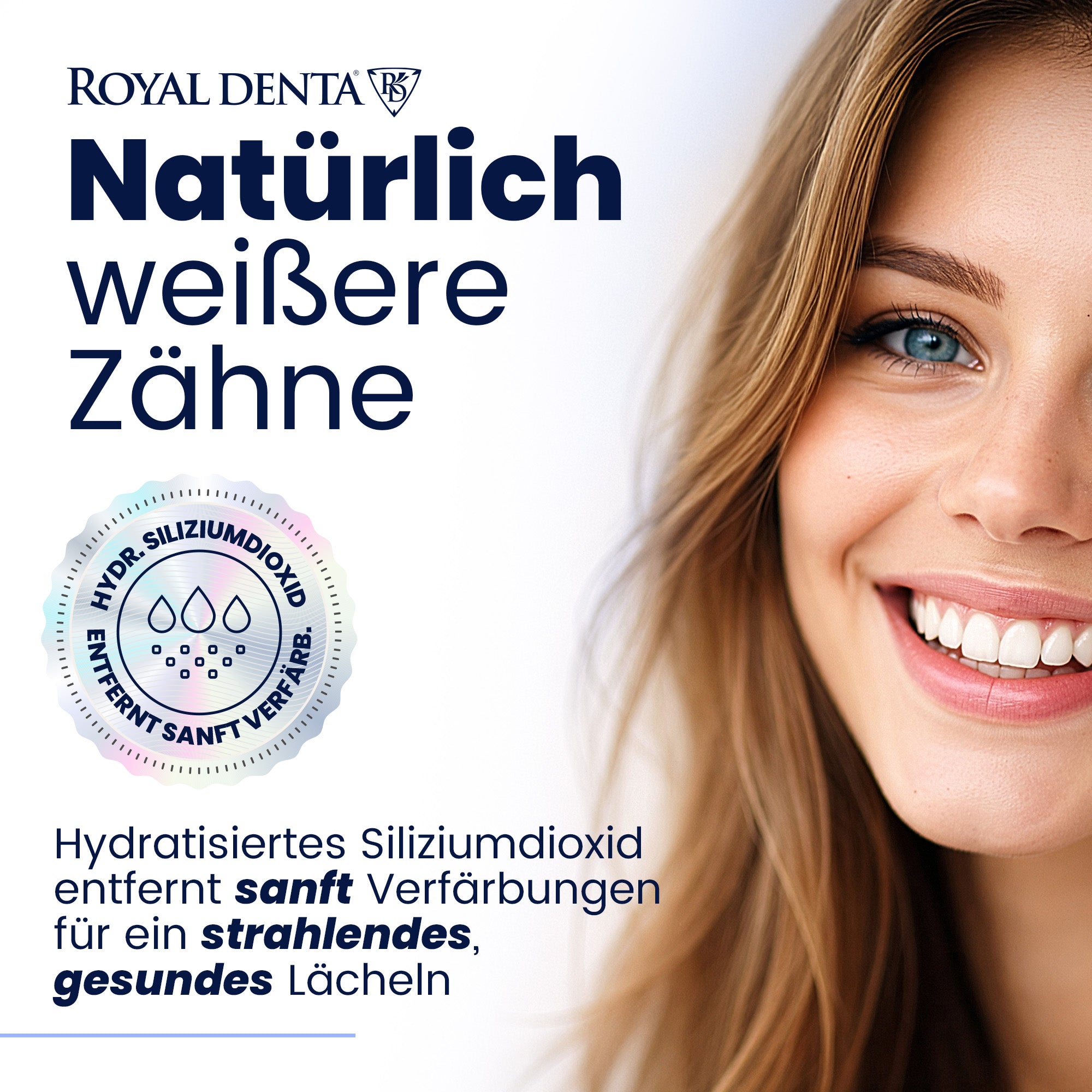 Benefits of Royal Denta whitening toothpaste with silver with a woman smiling.