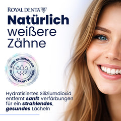 Benefits of Royal Denta whitening toothpaste with silver with a woman smiling.