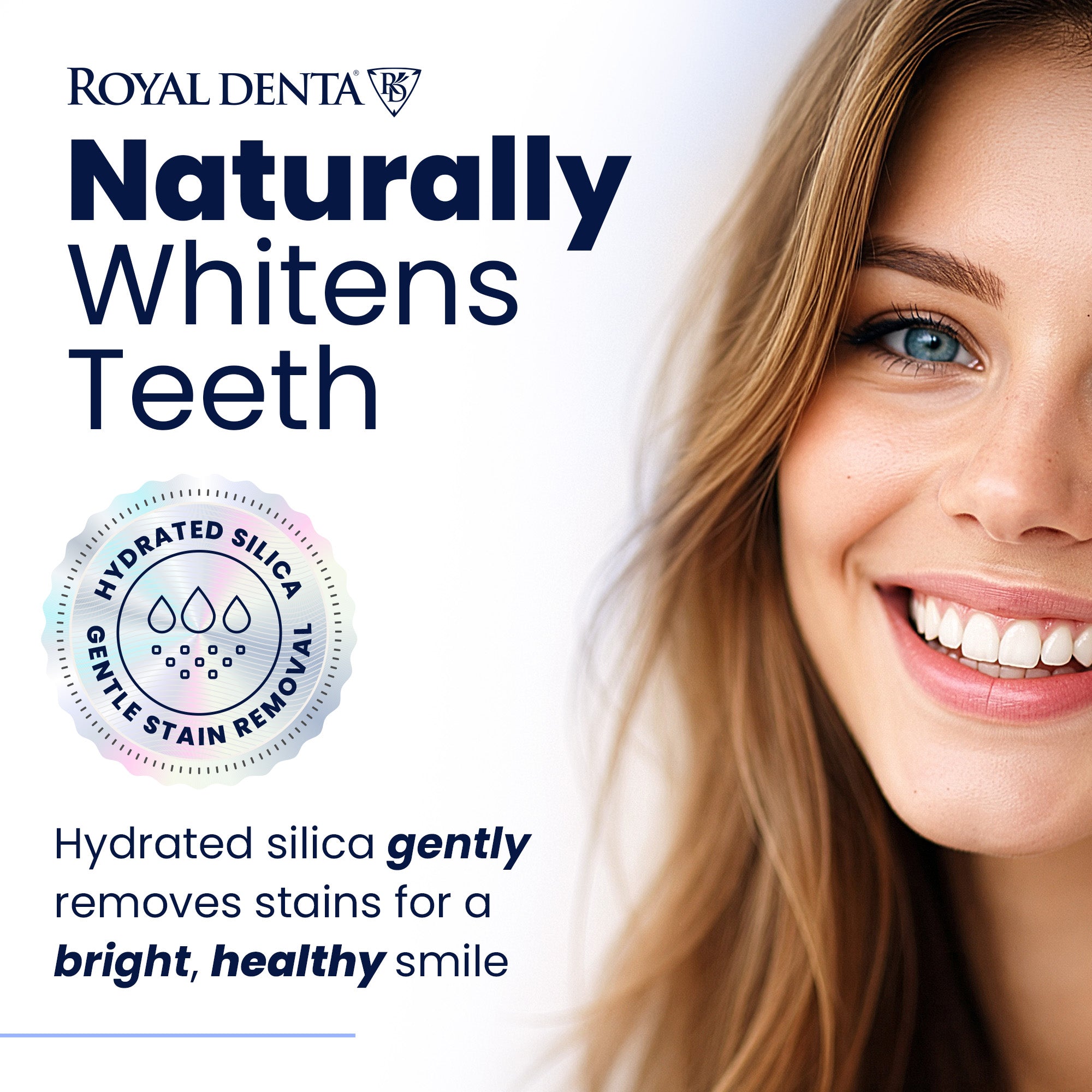 Benefits of Royal Denta whitening toothpaste with silver with a woman smiling.