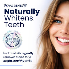 Benefits of Royal Denta whitening toothpaste with silver with a woman smiling.